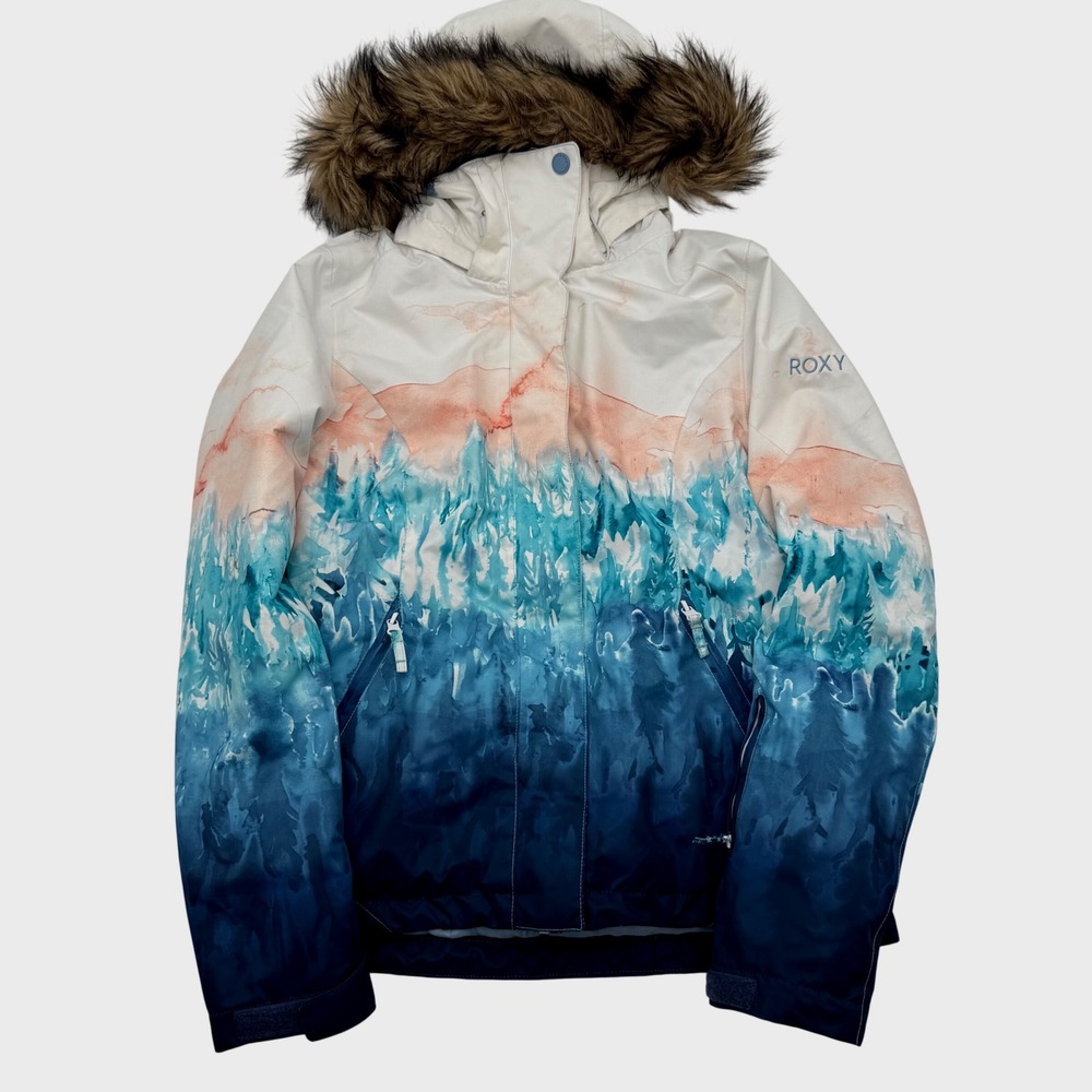 Roxy Womens Watercolor Mountain Snow Jacket Faux Fur Hood Blue White Small